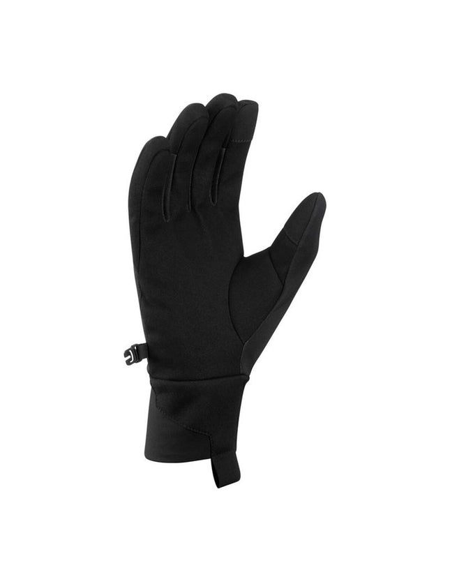 Black Mammut Astro Light gloves designed for outdoor activities like hiking and camping, shown on a model's hands.