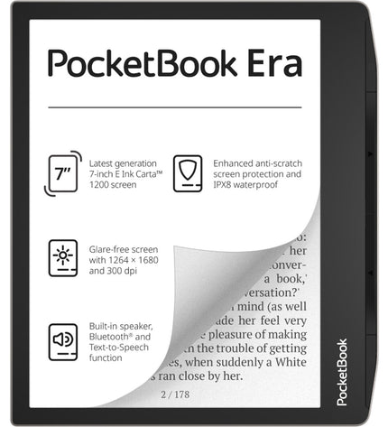 PocketBook 700 Era Silver multicolour eBook reader with 7-inch screen and 16GB storage, black and silver design.