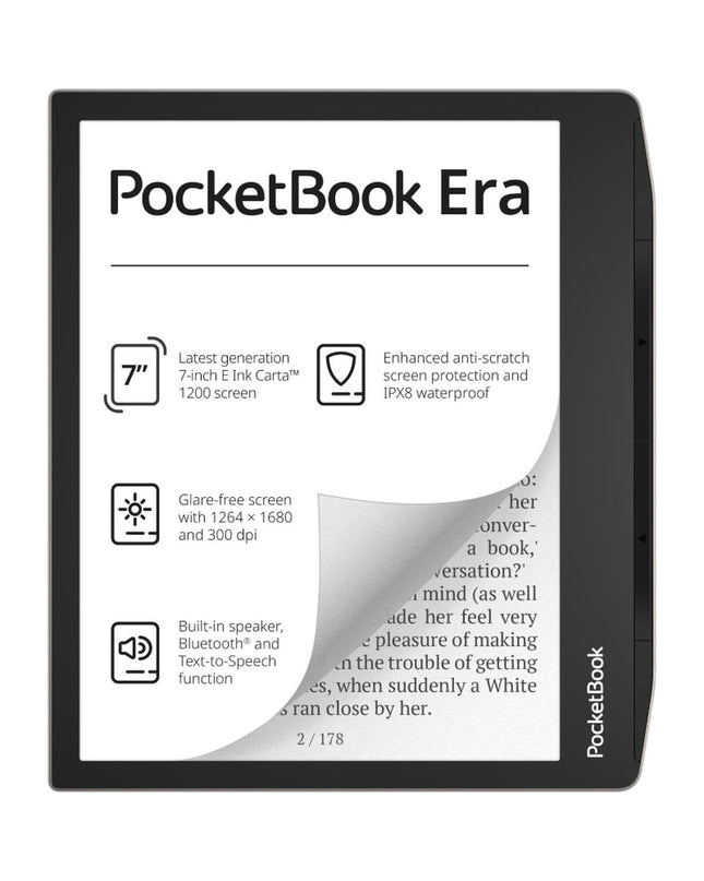 PocketBook 700 Era Silver multicolour eBook reader with 7-inch screen and 16GB storage, black and silver design.