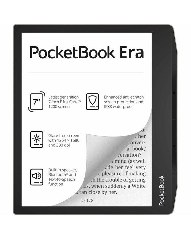 PocketBook 700 Era Silver multicolour eBook reader with 7-inch screen and 16 GB storage, black and silver design.