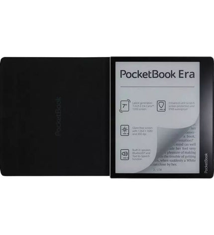 Black PocketBook 7-inch eBook reader with screen and buttons, shown in a close-up view.