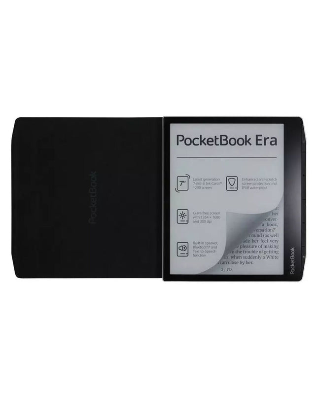Black PocketBook 7-inch eBook reader with screen and buttons, shown in a close-up view.
