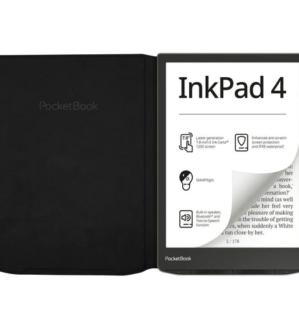 PocketBook PB743 eBook reader electronic device with protective cover, showing a sleek black design and screen display.