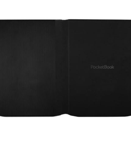 PocketBook PB743 e-book reader with black cover, showing the device's screen and sleek design.