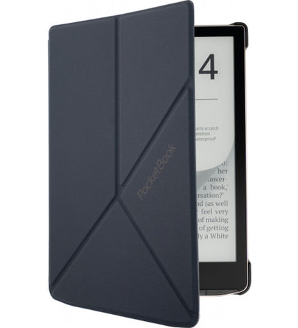 Black PocketBook e-book reader with 7.8-inch screen, showing a page of text, in a close-up view.