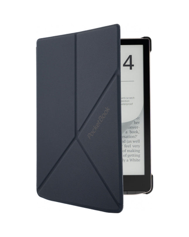 Black PocketBook e-book reader with 7.8-inch screen, showing a page of text, in a close-up view.