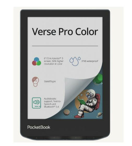 PocketBook Verse Pro Color eBook reader with 6-inch screen and 16GB storage, displaying colorful e-ink display.