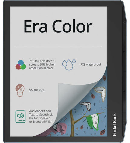 PocketBook Era Color eBook reader with 7-inch screen in Stormy Sea, 32 GB storage, displaying colorful e-ink display.