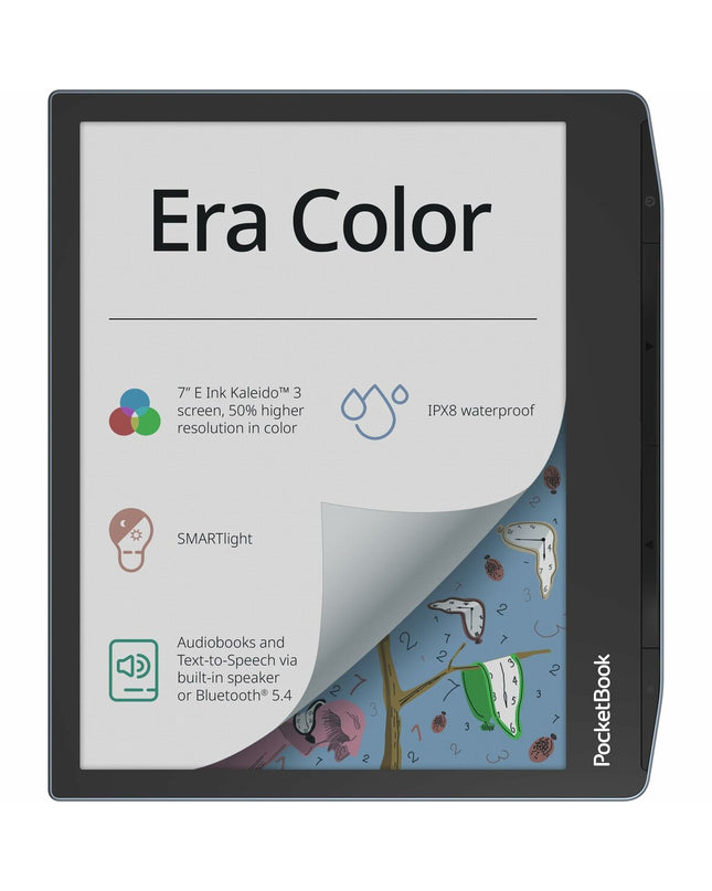 PocketBook Era Color eBook reader with 7-inch screen in Stormy Sea, 32 GB storage, displaying colorful e-ink display.