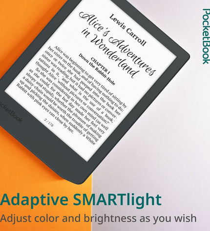 PocketBook PB619-T-WW eBook reader with black front, side buttons, and sleek design, ideal for digital reading.