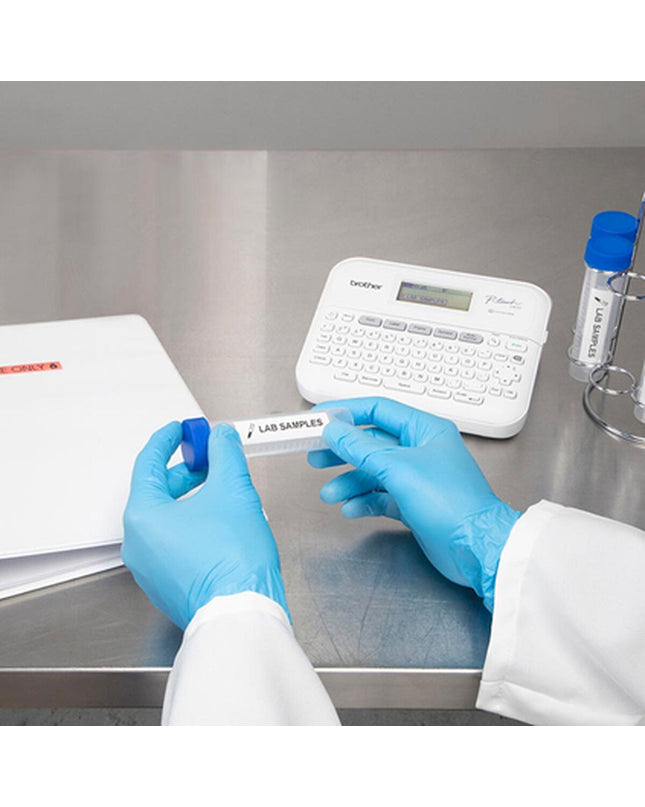 Brother PTD410UR1 label printer for office use, showing the device with a label being printed in a professional workspace