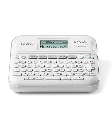 Brother PTD410UR1 label printer for office use, showing the device with a printed label on its front.
