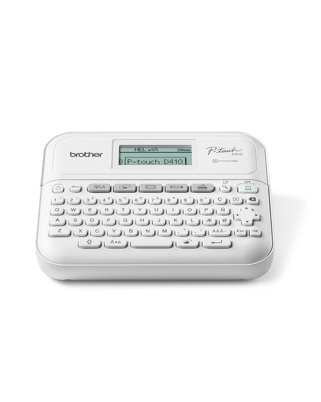 Brother PTD410UR1 label printer for office use, showing the device with a printed label on its front.