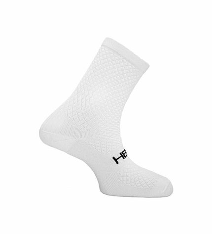 Hemon Fedaia white sports socks for cycling and outdoor activities, shown in a close-up image.