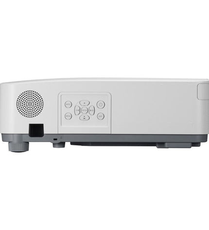 NEC P627UL projector displaying a bright, clear image on a white screen, with focus on the device and projection setup.