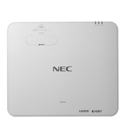 NEC P627UL projector displaying a bright, clear image on a wall, with adjustable lens and control buttons visible.