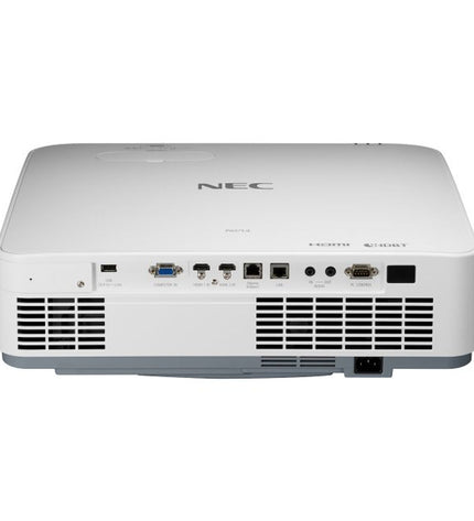 NEC P627UL projector displaying bright image with 6200 lumens, ideal for home theater and electronic video entertainment.