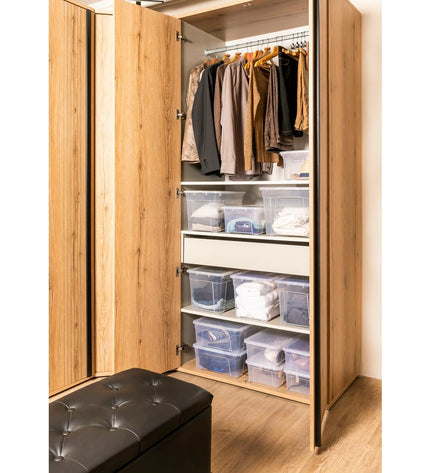 Transparent Mondex space storage box with 34.5L capacity, made of polypropylene, measuring 42 x 35 x 33 cm for home organization.