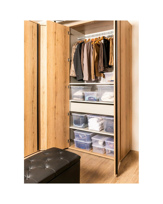 Transparent Mondex space storage box with 34.5L capacity, made of polypropylene, measuring 42 x 35 x 33 cm for home organization.