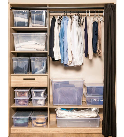 Transparent Mondex space storage box with 34.5L capacity, made of polypropylene, measuring 42x35x33 cm for home organization.