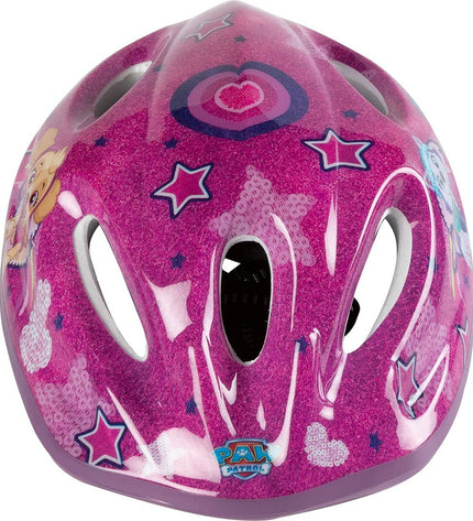 Pink children's bicycle helmet featuring The Paw Patrol logo, designed for outdoor cycling and sports safety.