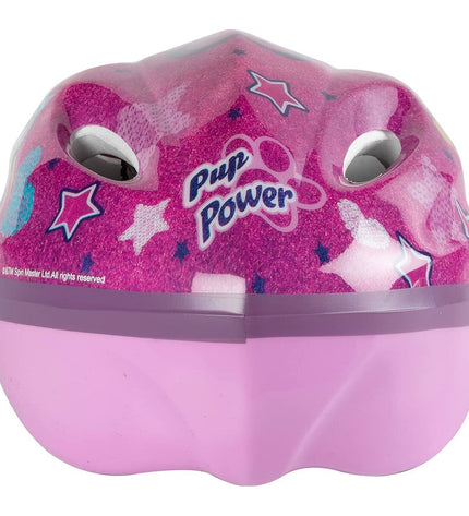 Pink Paw Patrol children's bike helmet with adjustable straps, safety ventilation, and colorful character design for outdoor cycling.