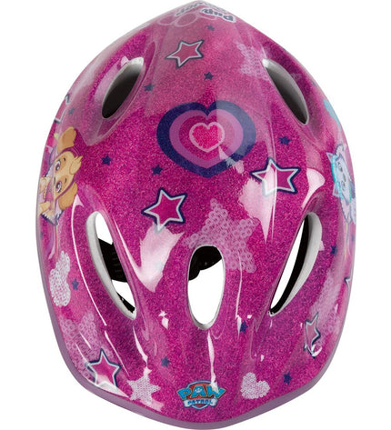 Pink and fuchsia kids' bike helmet from The Paw Patrol featuring colorful Paw Patrol characters and a secure adjustable strap.