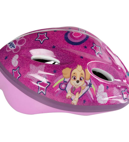 Pink Paw Patrol children's bike helmet designed for outdoor cycling, featuring bright colors and safety features.