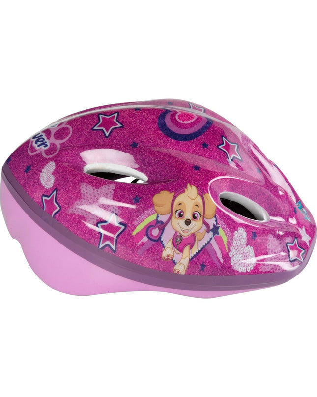Pink Paw Patrol children's bike helmet designed for outdoor cycling, featuring bright colors and safety features.