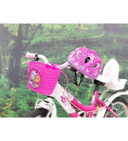 Pink Paw Patrol bike helmet for kids, suitable for outdoor cycling, featuring colorful Paw Patrol character design.