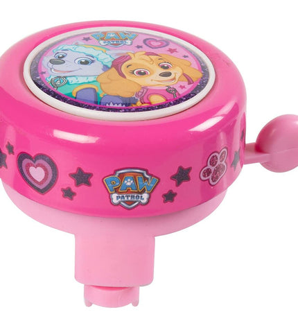 Pink Paw Patrol bicycle bell for kids' bikes, featuring colorful Paw Patrol characters, suitable for outdoor riding accessories.