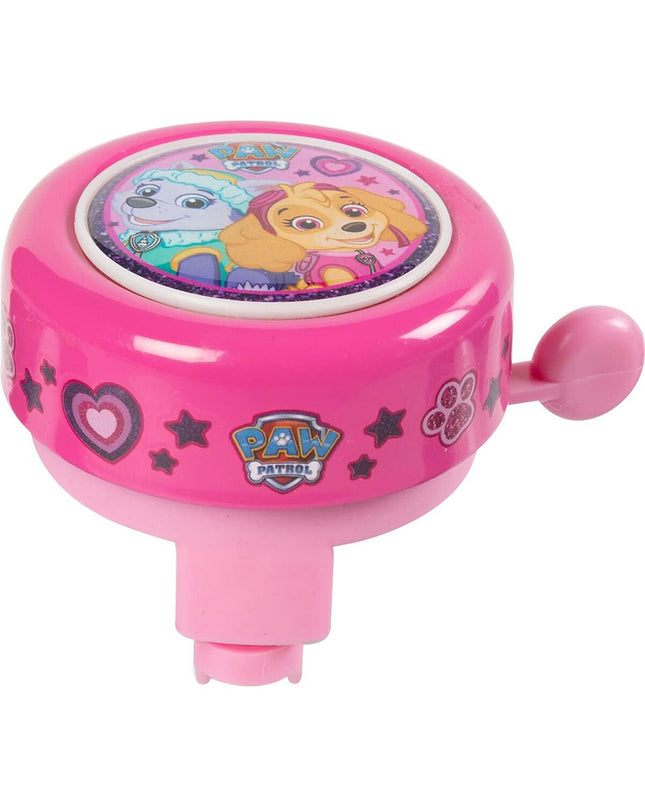 Pink Paw Patrol bicycle bell for kids' bikes, featuring colorful Paw Patrol characters, suitable for outdoor riding accessories.