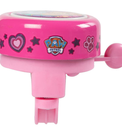 Pink Kinderfietsbel featuring The Paw Patrol brand, designed for outdoor cycling, with colorful Paw Patrol characters.