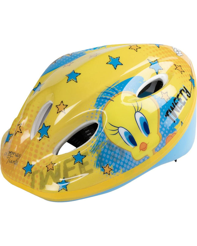 Yellow Looney Tunes children's bike helmet for sport and outdoor riding, size medium, featuring colorful cartoon character design.
