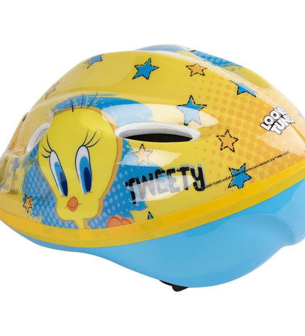 Yellow Looney Tunes Kinder Fietshelm for kids, sport and outdoor cycling helmet with adjustable straps and cartoon character design.