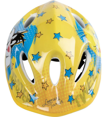 Yellow Looney Tunes Kinder fietshelm, sport and outdoor bike helmet with cartoon character design, suitable for children.