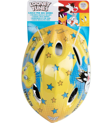 Yellow Looney Tunes Kinder fietshelm with adjustable straps, designed for kids' cycling and outdoor activities.