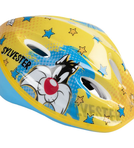 Yellow Looney Tunes Kinder bike helmet with adjustable straps, designed for kids' outdoor cycling and sporting activities.