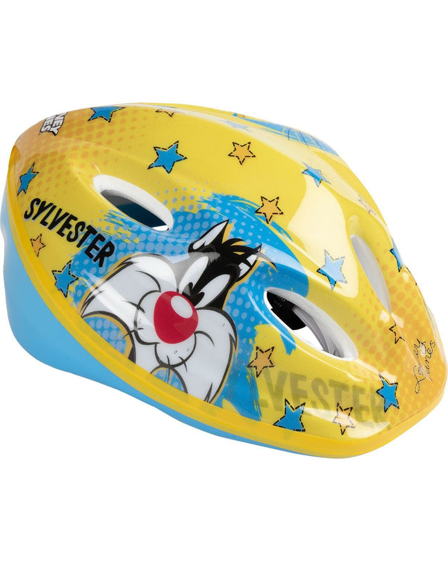 Yellow Looney Tunes Kinder bike helmet with adjustable straps, designed for kids' outdoor cycling and sporting activities.