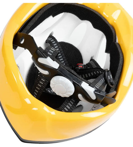 Yellow Batman bike helmet for children, designed for sports and outdoor riding, with a secure adjustable strap.