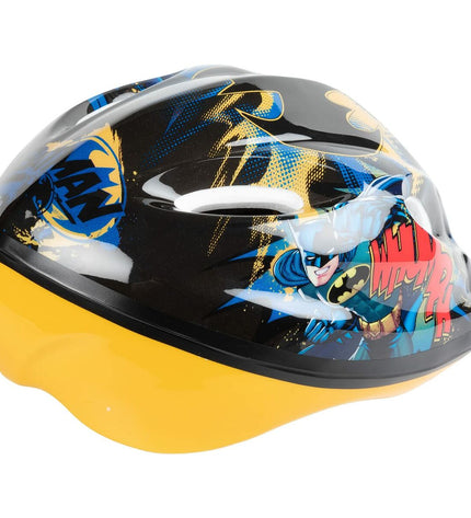 Yellow Batman bike helmet for kids, sporty outdoor design, suitable for cycling and outdoor activities.