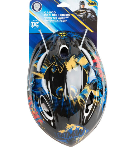 Yellow Batman bike helmet for kids, sport and outdoor cycling helmet with adjustable straps and ventilation.
