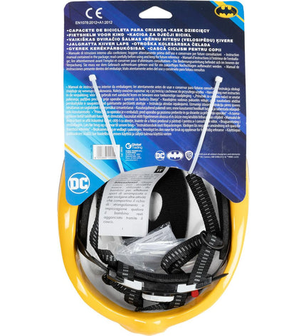 Yellow Batman kids' bike helmet for sports and outdoor riding, featuring a Batman design and ventilation vents.