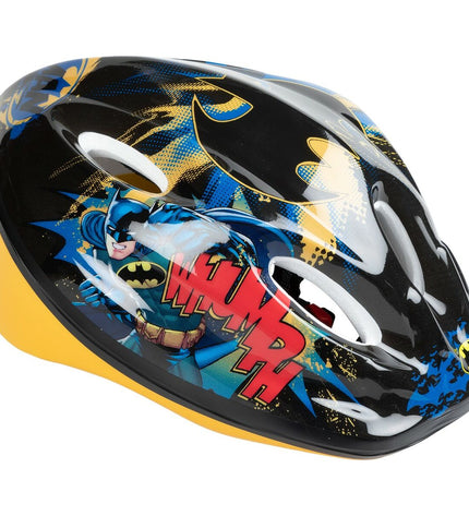 Yellow Batman children's bike helmet for sport and outdoor riding, featuring a Batman design and adjustable straps.