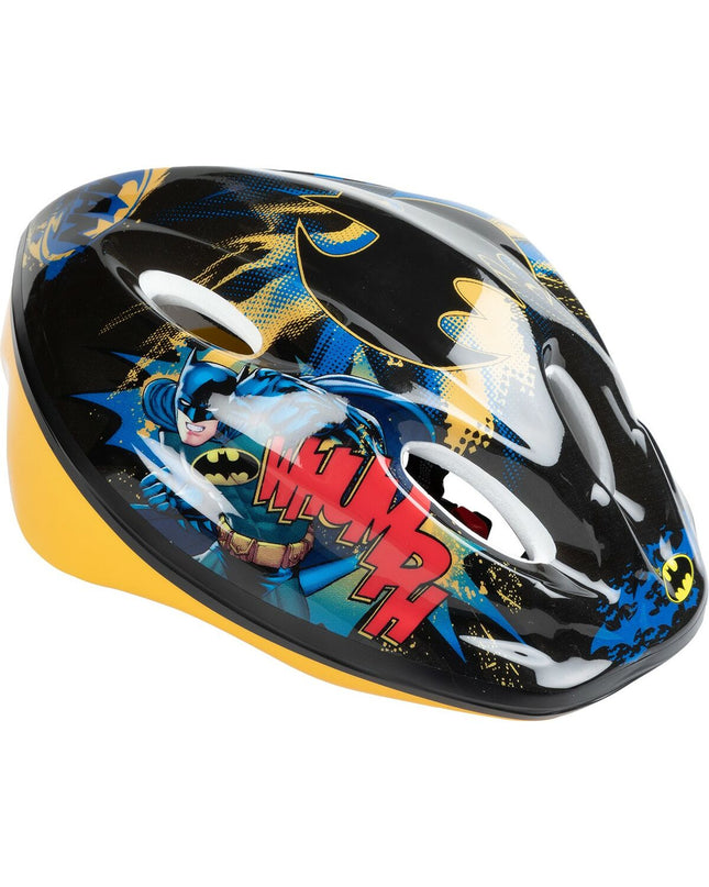 Yellow Batman children's bike helmet for sport and outdoor riding, featuring a Batman design and adjustable straps.