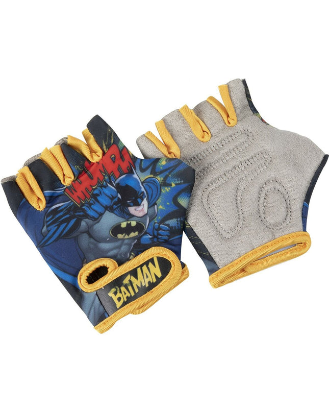 Blue Batman kids' cycling gloves with padded palms, ideal for outdoor sports and bike riding for children.