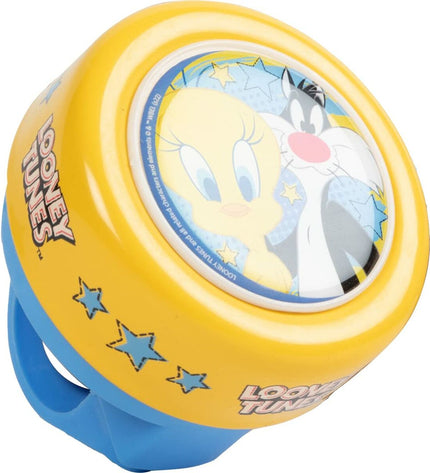 Yellow Looney Tunes bicycle bell for kids' bikes, featuring cartoon character design, perfect for outdoor cycling.