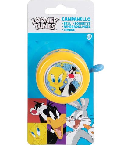Yellow Looney Tunes bicycle bell for kids' bikes, featuring cartoon character design, in a sport and outdoor cycling setting.