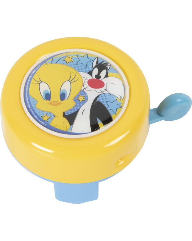 Yellow Looney Tunes bike bell for kids' bicycle, featuring cartoon character design, suitable for outdoor and cycling use.