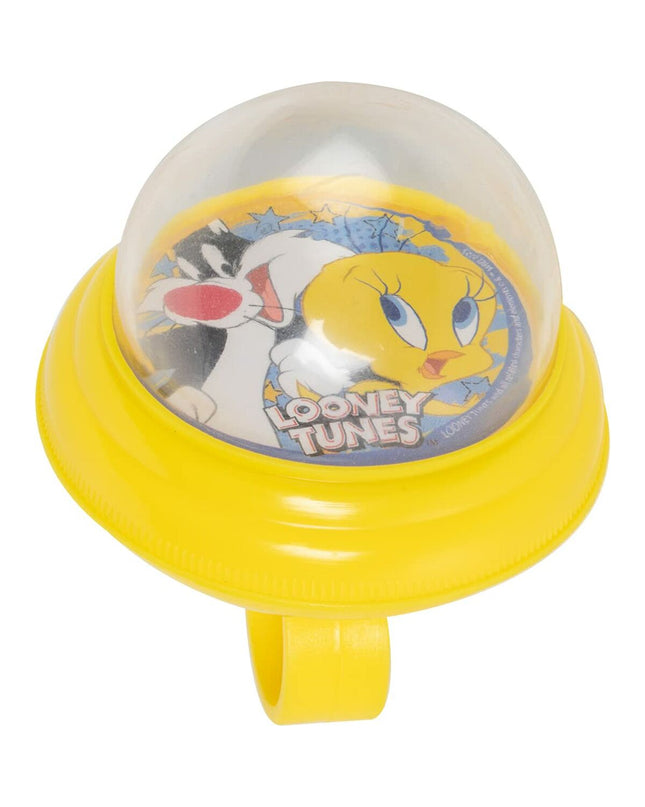 Yellow Looney Tunes bicycle bell for kids, featuring cartoon character design, mounted on a bicycle handlebar for outdoor riding.
